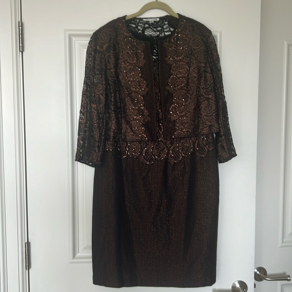 Kay Unger brown/copper sheath dress with matching lace bolero jacket.  Size 16.